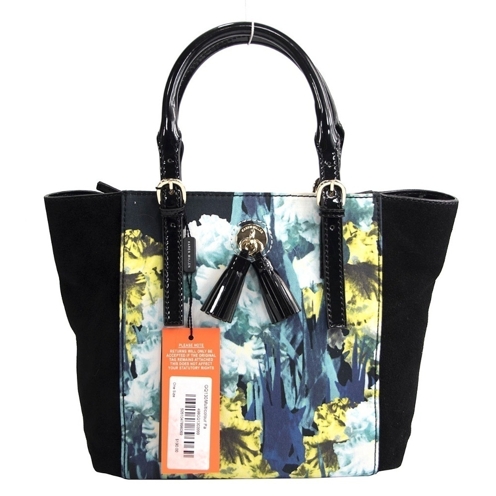 Karen Millen Black Blue Floral Leather Suede Tote